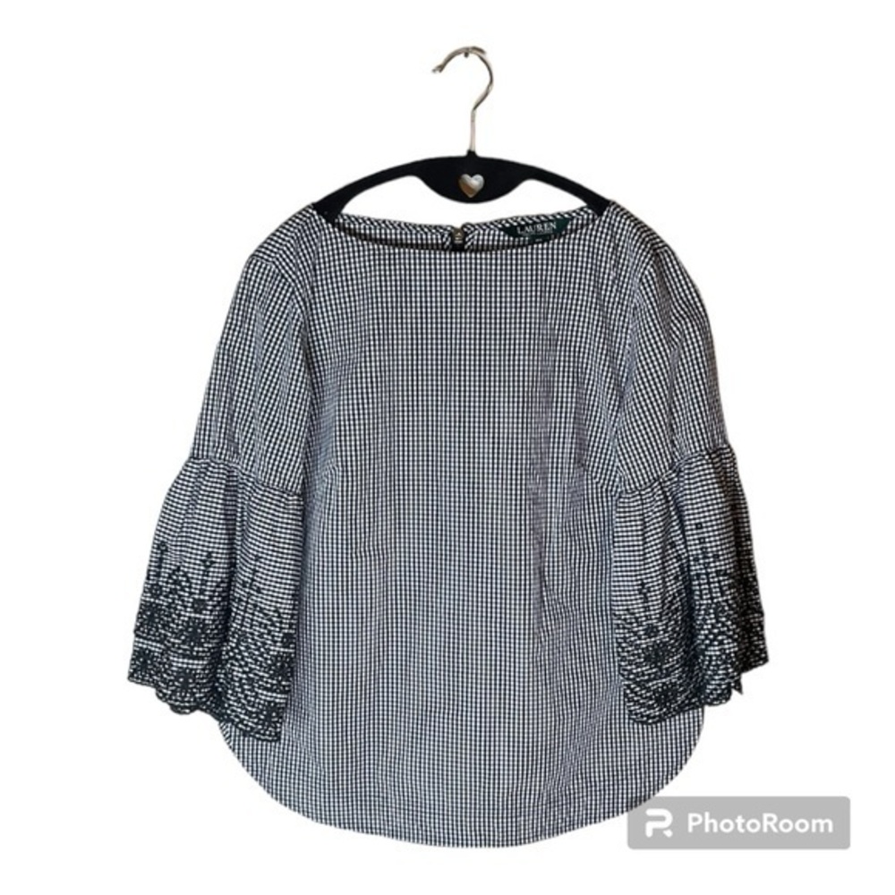 Lauren Ralph‎ Lauren Black and White Checked Top Blouse with Ruffle Bell Sleeves